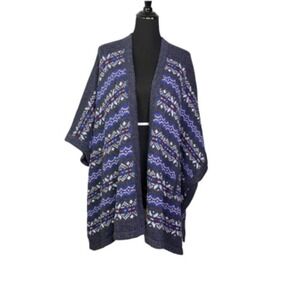 Lands End Womens Jacquard Cape Sweater Blue Fair Isle Open Front One Size New
